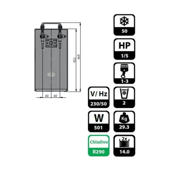 Null Komplett Set Kontakt 40/K Bierzapfanlage 2-leitig Trockenkühlgerät Aus Edelstahl, 50 Liter/h, Mit Membranpumpe, Green Line 7